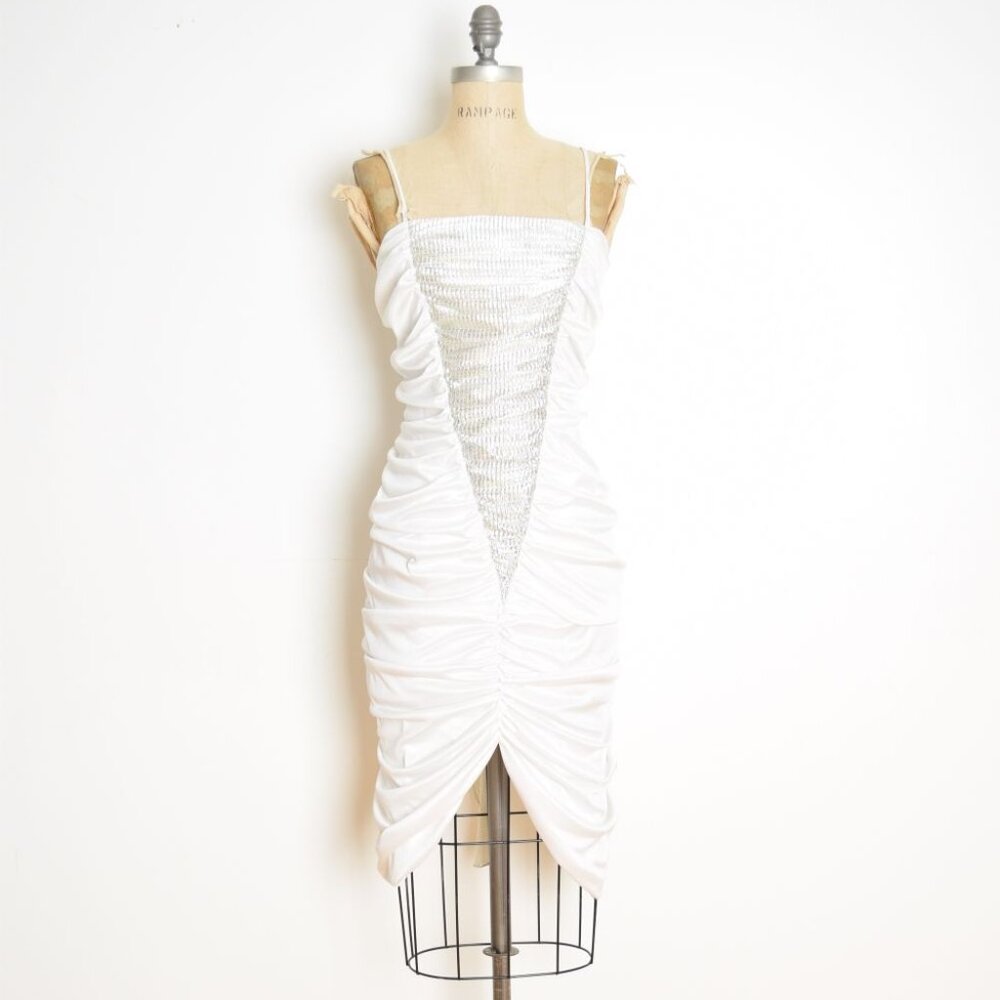 vintage 80s prom dress white coffin ruched metallic silver cocktail party XS